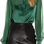 Womens V Neck Button Down Shirts Satin Silk Blouse Mesh Long Sleeve Casual Work Tops - Nadorine (Us Only)