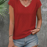 Nadorine V Neck Eyelet T Shirts Cap Sleeve Tops
