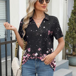 Nadorine Short Sleeve Polo T Shirts Pleated V Neck Tee