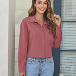 Nadorine Cropped Button Down Shirts Long Sleeve V Neck Solid Tops