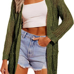 Nadorine Women 2024 Lightweight Crochet Cardigan Long Sleeve Open Front Knit Sweater Summer Kimono Cover Up with Pockets