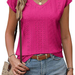 Nadorine V Neck Eyelet T Shirts Cap Sleeve Tops