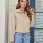Nadorine Cropped Button Down Shirts Long Sleeve V Neck Solid Tops