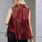 Women Faux Leather Vest Lapel Sleeveless Drape Tassel Open Front PU Fringe Jacket S-XXL - Nadorine (Us Only)
