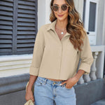 Nadorine Cropped Button Down Shirts Long Sleeve V Neck Solid Tops