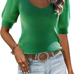 Nadorine Puff Sleeve Tops Sweater V Neck Short Sleeve Shirts