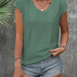 Nadorine V Neck Eyelet T Shirts Cap Sleeve Tops