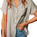 Nadorine Linen Shirts Cotton Short Sleeve V Neck Collared Blouses