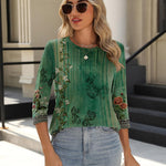 Nadorine 3/4 Length Sleeve Tops Loose Fit Shirts Pleated Tunics