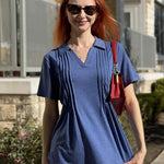 Nadorine Short Sleeve Polo T Shirts Pleated V Neck Tee