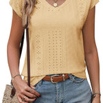 Nadorine V Neck Eyelet T Shirts Cap Sleeve Tops