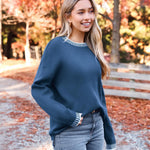 Nadorine Crewneck Pullover Long Sleeve Knit Side Slit Sweater
