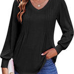 Nadorine Women'S Puff Long Sleeve Shirts Pleated V Neck Tunic Tops