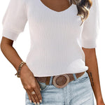 Nadorine Puff Sleeve Tops Sweater V Neck Short Sleeve Shirts