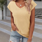 Nadorine V Neck Eyelet T Shirts Cap Sleeve Tops