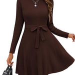 Nadorine Women's Casual Dress Tie Waist Fall Ribbed Dress