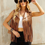 Women Faux Leather Vest Lapel Sleeveless Drape Tassel Open Front PU Fringe Jacket S-XXL - Nadorine (Us Only)
