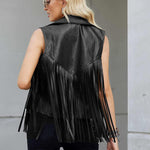 Women Faux Leather Vest Lapel Sleeveless Drape Tassel Open Front PU Fringe Jacket S-XXL - Nadorine (Us Only)