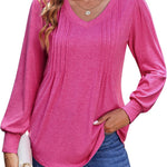 Nadorine Women'S Puff Long Sleeve Shirts Pleated V Neck Tunic Tops