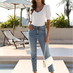 Nadorine Puff Sleeve Tops Sweater V Neck Short Sleeve Shirts