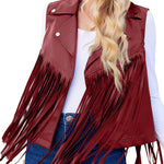 Women Faux Leather Vest Lapel Sleeveless Drape Tassel Open Front PU Fringe Jacket S-XXL - Nadorine (Us Only)