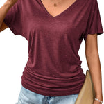 Nadorine Women's Short Sleeve V Neck Blouse Ruched Casual Tunic Tops