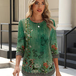 Nadorine 3/4 Length Sleeve Tops Loose Fit Shirts Pleated Tunics