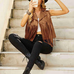 Women Faux Leather Vest Lapel Sleeveless Drape Tassel Open Front PU Fringe Jacket S-XXL - Nadorine (Us Only)