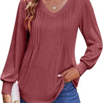 Nadorine Women'S Puff Long Sleeve Shirts Pleated V Neck Tunic Tops
