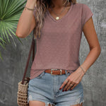 Nadorine V Neck Eyelet T Shirts Cap Sleeve Tops