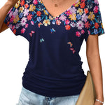 Nadorine Women's Short Sleeve V Neck Blouse Ruched Casual Tunic Tops