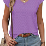 Nadorine V Neck Eyelet T Shirts Cap Sleeve Tops