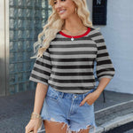 Nadorine Oversized Loose Fit Short Sleeve Striped Tops