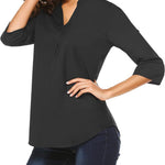Women's Business Casual V Neck Cuffed Sleeves Work Blouse Top - Nadorine (Us Only)