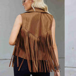 Women Faux Leather Vest Lapel Sleeveless Drape Tassel Open Front PU Fringe Jacket S-XXL - Nadorine (Us Only)
