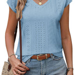 Nadorine V Neck Eyelet T Shirts Cap Sleeve Tops