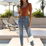 Nadorine Puff Sleeve Tops Sweater V Neck Short Sleeve Shirts