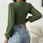Nadorine Women Long Puff Sleeve Sweater Slim Fit Ribbed Knit Bodysuit