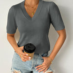 Nadorine Short Sleeve Sweaters Soft Casual V Neck Pullover Tops