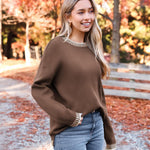 Nadorine Crewneck Pullover Long Sleeve Knit Side Slit Sweater