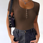 Nadorine Short Sleeve Shirts Ribbed Knit Square Neck Tshirt