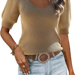 Nadorine Puff Sleeve Tops Sweater V Neck Short Sleeve Shirts