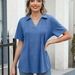 Nadorine Short Sleeve Polo T Shirts Pleated V Neck Tee