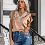 Zeagoo Women's T-Shirt Satin Blouse Lace V-Neck Shirt (DE Only)
