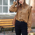 Women Corduroy Shirts Long Sleeve Button Down Shacket Jacket Ruffle Blouses Top S-XXL - Nadorine (Us Only)