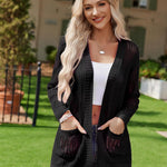 Nadorine Women 2024 Lightweight Crochet Cardigan Long Sleeve Open Front Knit Sweater Summer Kimono Cover Up with Pockets