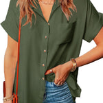 Nadorine Linen Shirts Cotton Short Sleeve V Neck Collared Blouses