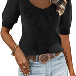 Nadorine Puff Sleeve Tops Sweater V Neck Short Sleeve Shirts