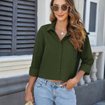 Nadorine Cropped Button Down Shirts Long Sleeve V Neck Solid Tops