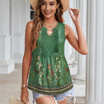 Nadorine Tank Tops Pleated V Neck Floral Solid Loose Fit Tops
